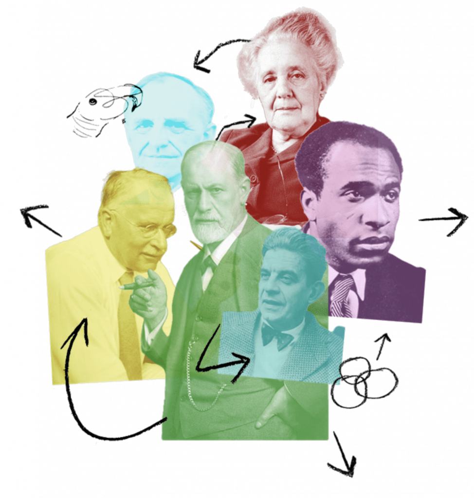 intro-2 A colourful collage of key psychoanalytic figures including Donald Winnicott, Melanie Klein, Carl Jung, Sigmund Freud, Frantz Fanon and Jacques Lacan