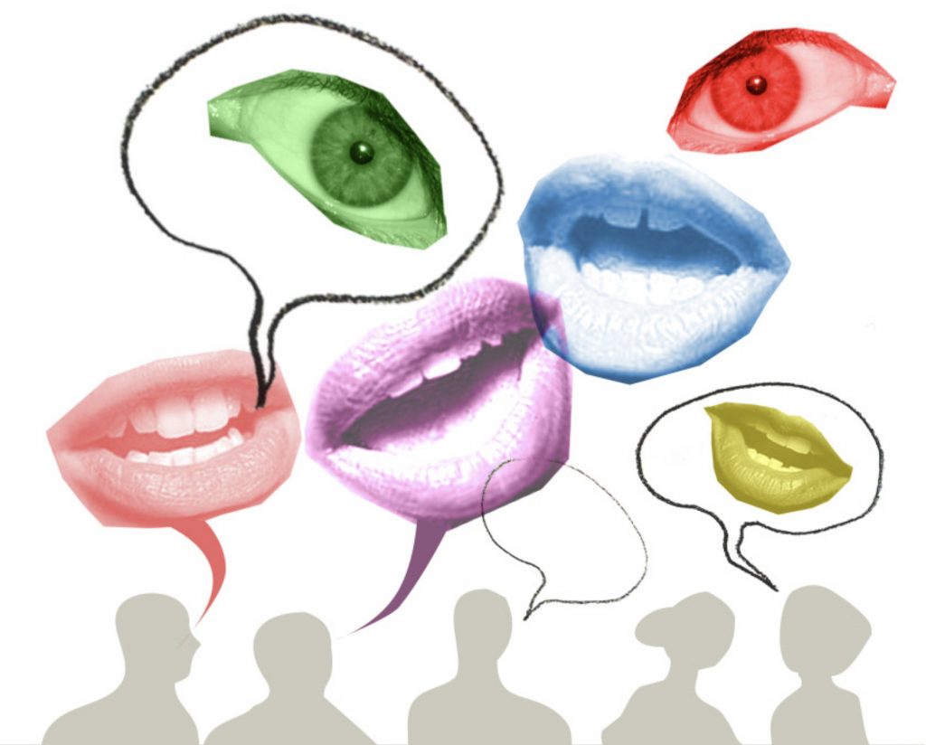 intro-3 A collage of speech bubbles, talking mouths and eyes floating above a row of silhouettes